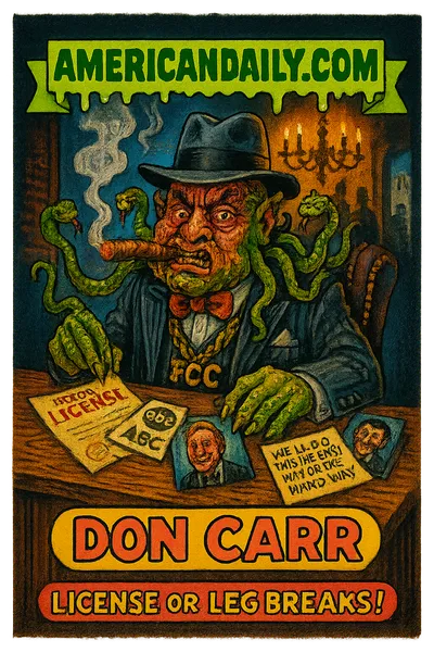 Cartoon of FCC Chair as mob boss behind desk with tentacles, snake-hair, gold FCC chain, license and script on desk, banner AMERICANDAILY.COM, caption License or Leg Breaks!