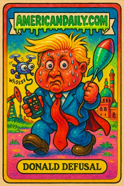 A satirical trading card depicting a comically grotesque, Trump-like character, mishandling a missile balloon and toy drone, with a silly oil facility in the background.