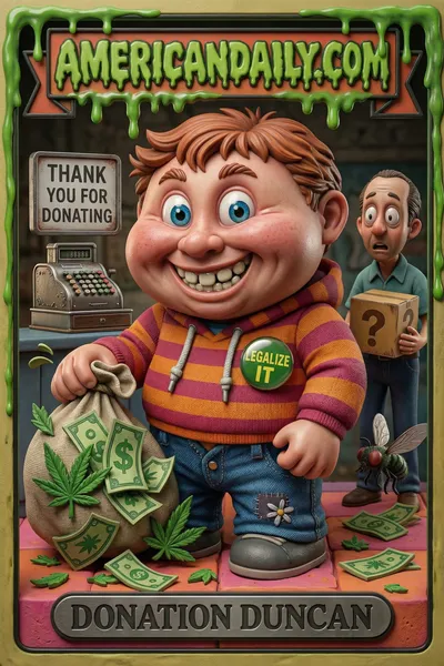 Cartoon teenager in oversized hoodie mistakenly donates bag of weed and cash to a charity shop, with shocked shop worker holding donation box. — 3D version