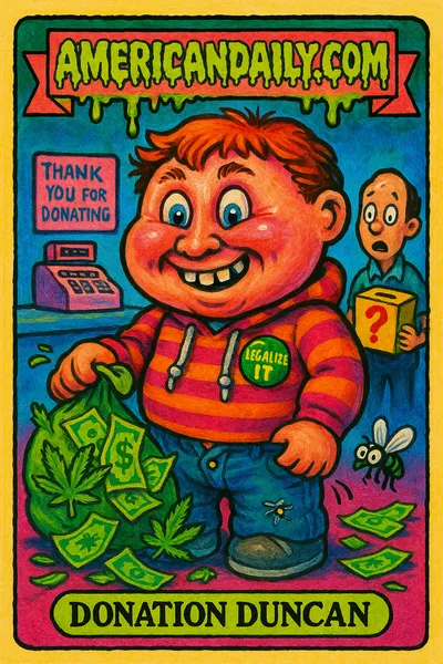 Cartoon teenager in oversized hoodie mistakenly donates bag of weed and cash to a charity shop, with shocked shop worker holding donation box.