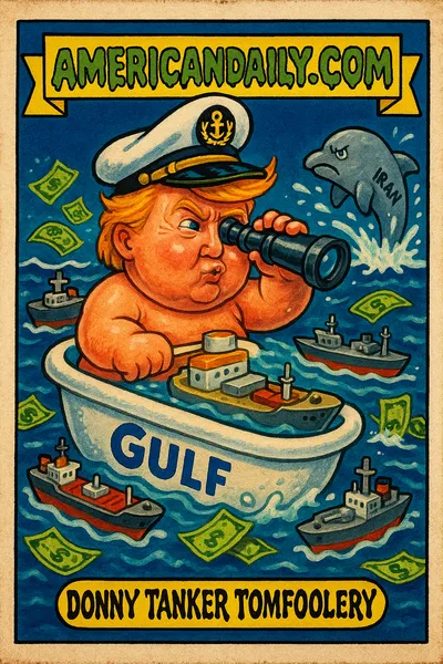 Satirical depiction of Trump as a captain attempting to steer oil tankers through tumultuous Gulf waters with a tiny toy navy.