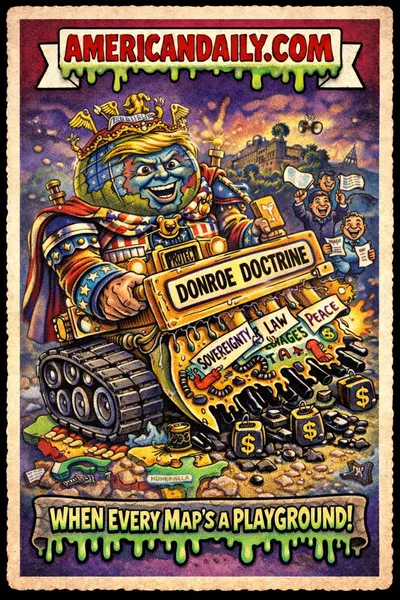 Parody trading card showing a giant bulldozer with a globe head crushing Latin American maps into oil-shaped craters under a "DONROE DOCTRINE" stamp, satirizing expansionist U.S. policy.