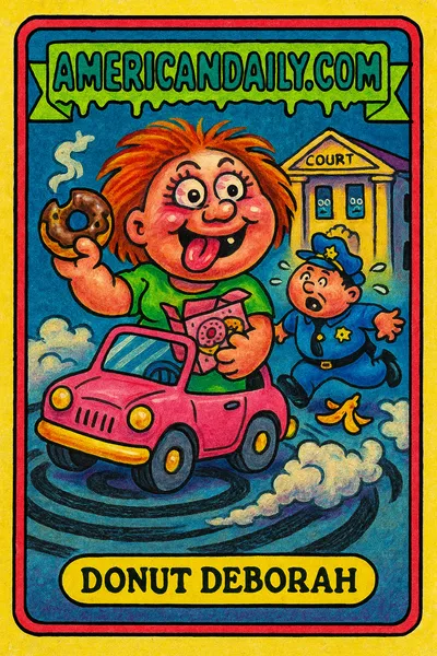 A wildly exaggerated woman in a tiny car doing donuts on a courthouse lawn, a police officer humorously chasing her while slipping on a banana peel.