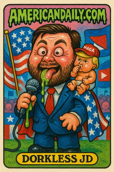 A grotesquely exaggerated JD Vance with a massive head, drooling and cartoon Trump as a baby perched on his shoulder in a political rally background.