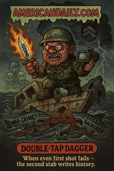 A biting trading-card meme named "Double-Tap Dagger" that dramatizes the controversy over the U.S. military's so-called "double-tap" boat strike - mocking the act of firing on survivors and the heavy moral, legal, and political fallout. The card turns a classified war-crime scandal into a horrifying comic-style spectacle.