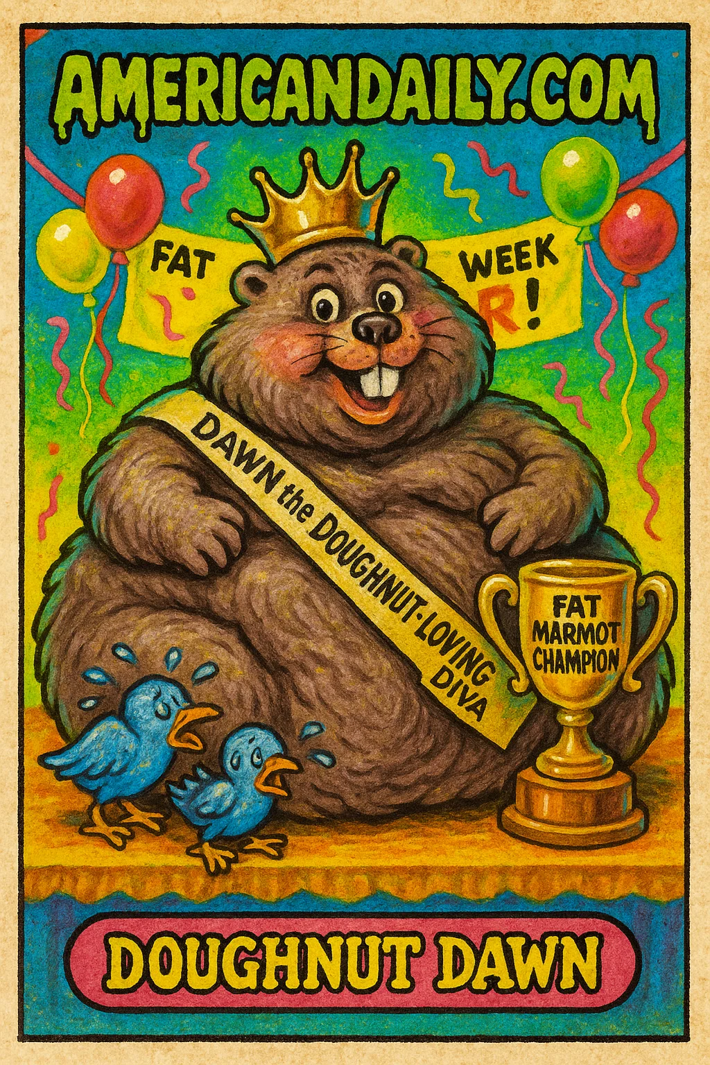 A grotesque cartoon of an incredibly obese marmot named Dawn, crowned the champion of Fat Marmot Week, sitting on an awards stage.