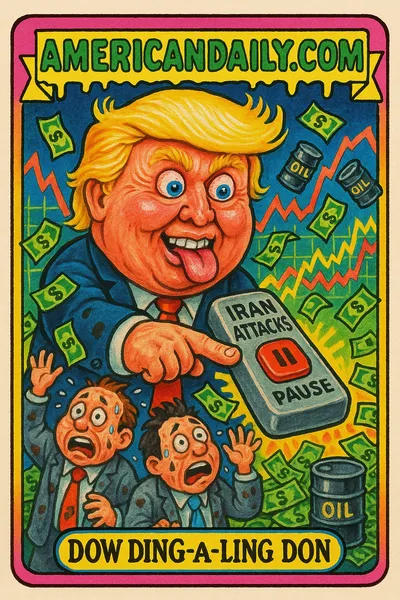 A grotesque, caricatured Donald Trump floats above a chaotic stock market, pressing a 'Pause' button on a massive remote. Satirical trading card art.