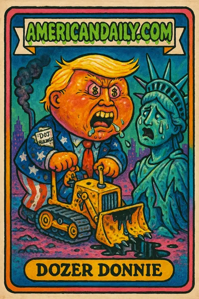 A satirical trading card featuring Dozer Donnie, a grotesque caricature of Donald Trump with a toy bulldozer, destroying a weeping Statue of Liberty.