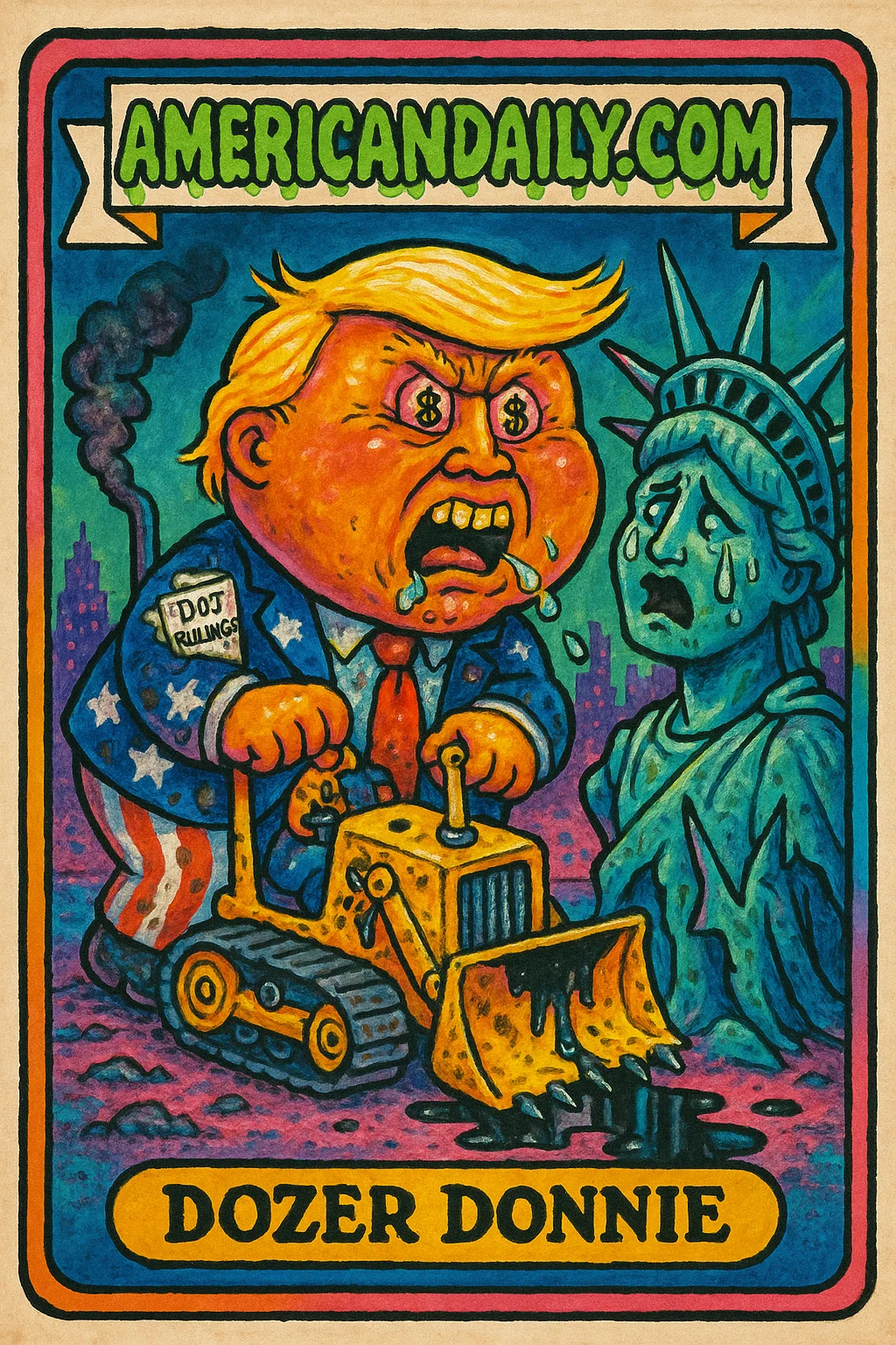 A satirical trading card featuring Dozer Donnie, a grotesque caricature of Donald Trump with a toy bulldozer, destroying a weeping Statue of Liberty.