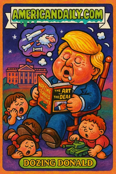 Trading card of Donald Trump in an oversized rocking chair, drooling and asleep, holding storybooks, surrounded by thought bubbles and toy tanks.