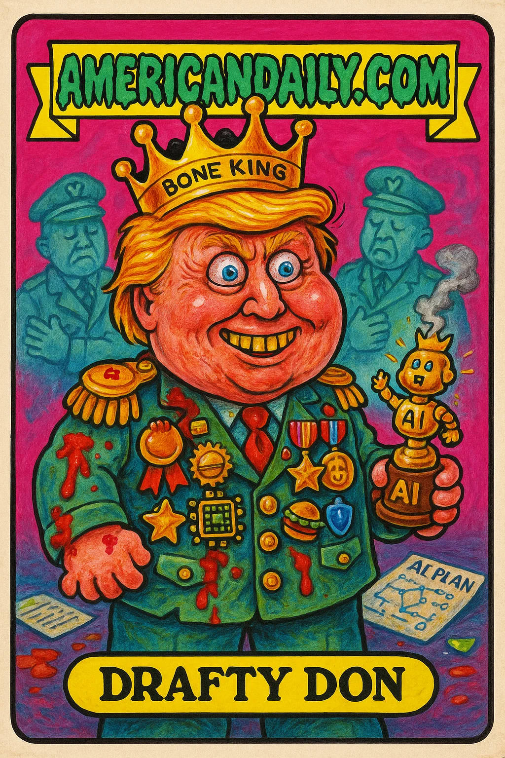 A grotesque caricature of an ex-president named 'Drafty Don', wearing a ketchup-stained military jacket tattooed with oversized medals and holding a smoking AI trophy.