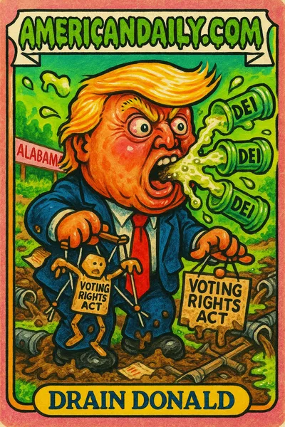Trading card featuring Drain Donald, a grotesque caricature of Trump spewing septic tanks marked 'DEI', as he manipulates a marionette labeled 'Voting Rights Act'.