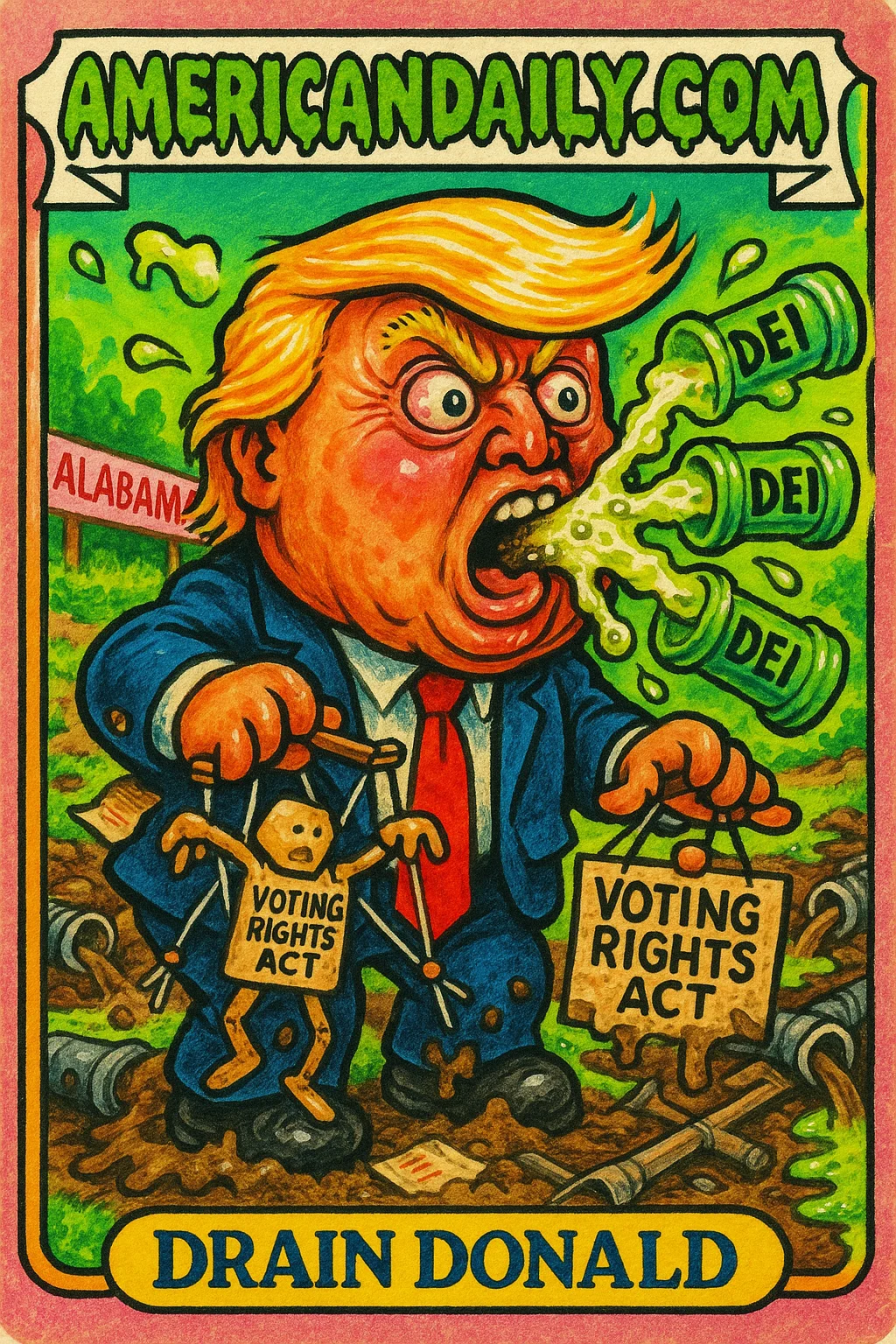 Trading card featuring Drain Donald, a grotesque caricature of Trump spewing septic tanks marked 'DEI', as he manipulates a marionette labeled 'Voting Rights Act'.