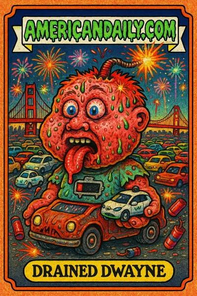 A grotesque cartoon character with an oversized head and a decrepit car body, exhausted eyes bulging, in a chaotic 4th of July scene in San Francisco.