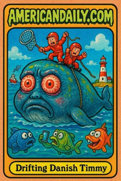 A grotesque cartoon humpback whale named 'Drifting Danish Timmy' with exaggerated panic-stricken rescuers clumsily atop, in a comical depiction of a failed rescue operation.
