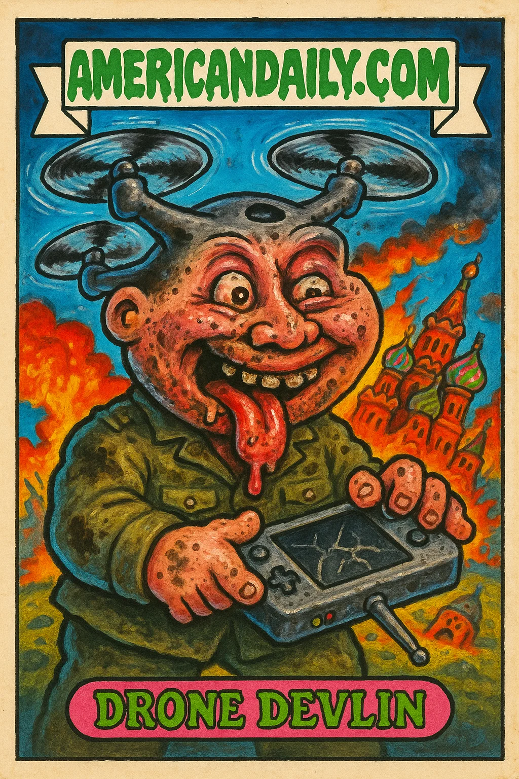 Drone Devlin, a grotesque character with a drone head, frantically mashes a giant remote. Background shows cartoon explosions over Moscow.