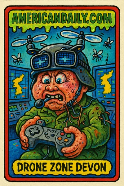 A grotesque trading card depicting 'Drone Zone Devon,' a parody of South Korea's military drone strategy featuring a soldier with a drone-shaped helmet.