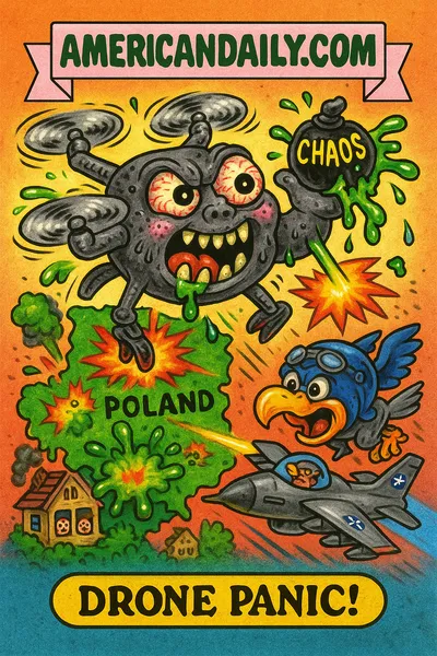 Parody trading card with a monstrous drone named Dronezilla dropping slime bombs over a cartoon map of Poland, chased by a heroic eagle in fighter jets. Top banner reads 'AMERICANDAILY.COM,' bottom caption says 'Drone Panic!