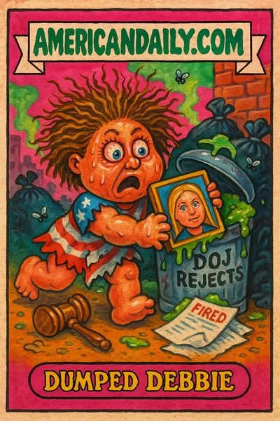Trading card of Pam Bondi dragging her portrait from a trash can labeled 'DOJ Rejects,' with her oversized head, frantic expression, and flag costume.