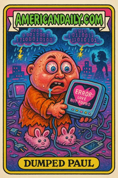 Satirical card of 'Dumped Paul' with distorted features, holding a heart-shaped monitor showing 'ERROR: Love Not Found' amid digital chaos.