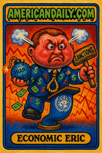 Grotesque trading card of 'Economic Eric', featuring a furious caricature with oversized head, comically holding a bomb-globe, sledgehammer, and standing on a twisting podium.