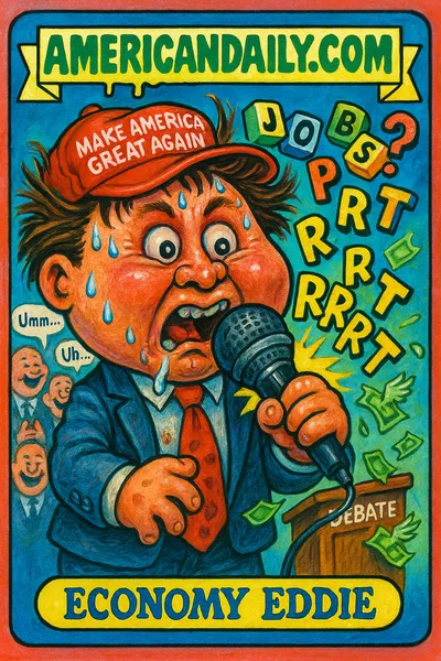 A satirical Garbage Pail Kids-style card of 'Economy Eddie,' a flustered MAGA influencer floundering in a debate, surrounded by laughing crowd.