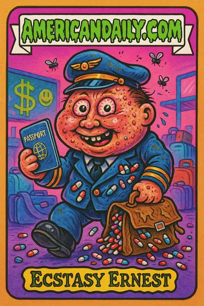 A cartoonish trading card depicts 'Ecstasy Ernest'-a grotesque pilot with an exaggerated grimy uniform, bulging pockets and suitcase spilling pills, in a chaotic airport scene.