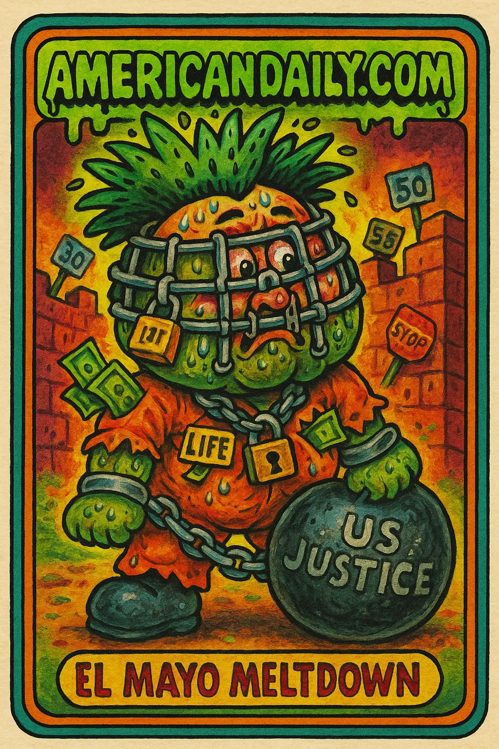 A satirical caricature of the cartel leader Ismael Zambada in a grotesque Garbage Pail Kids-style as 'El Mayo Meltdown,' with exaggerated prison elements and panic.