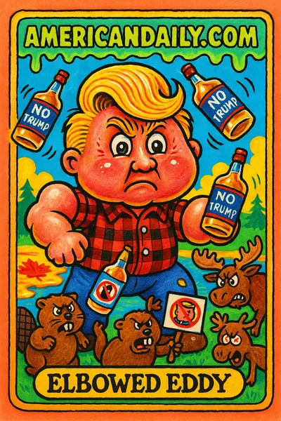 A humorous trading card featuring Elbowed Eddy with oversized elbows, Trump-like hair, plaid shirt, juggling whisky bottles with protesting animals.