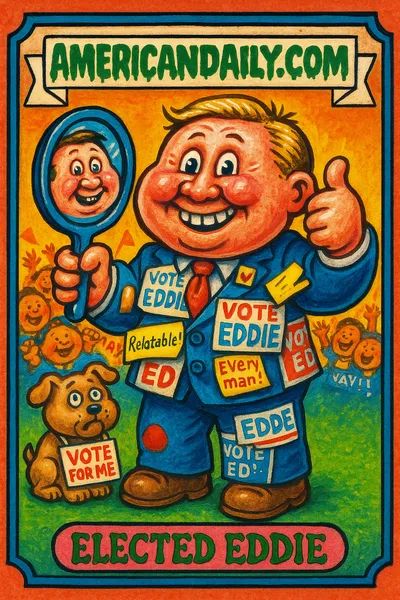 A grotesque parody trading card of 'Elected Eddie', a confused politician in a campaign suit with sticky slogans, in a satirical rally setting.