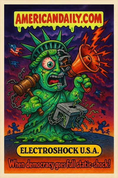 Grotesque cartoon trading card showing a mutated Lady Liberty figure with megaphone arm blasting lightning, holding a broken ballot box, slime dripping everywhere, stormy partisan background, top banner reading AMERICANDAILY.COM, bottom caption "When democracy goes full static-shock!".
