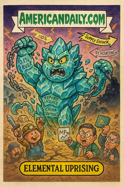 A parody trading card showing a glowing rare-earth titan made of crystal shards breaking shackles, with tariff arrows crackling overhead. Below, cheering miners, faint outline of a looming bear slip away. Top banner reads "AMERICANDAILY.COM."