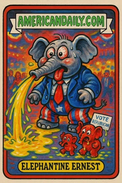 Grotesque cartoon elephant in GOP suit spraying urine at Texas Republican Convention.
