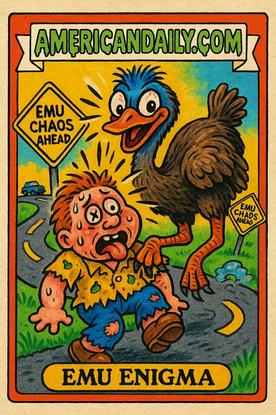 A grotesquely illustrated trading card shows a wild emu dominating a panicked man on a chaotic road, capturing a humorous struggle.