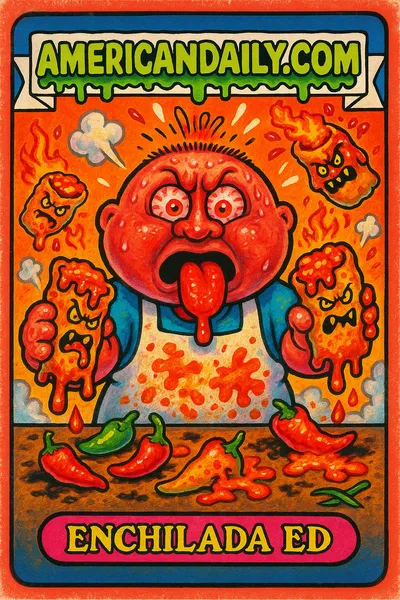 A grotesque cartoon of 'Enchilada Ed' battling over spicy enchiladas, with bulging eyes, red complexion, and fiery sauce dripping.