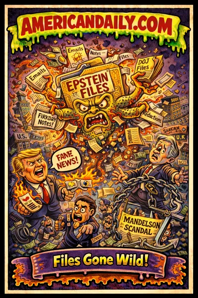 Cartoon monster made of Epstein files rampaging through a political scene with caricatures of Trump and Starmer under a slime-dripping Americandaily banner.