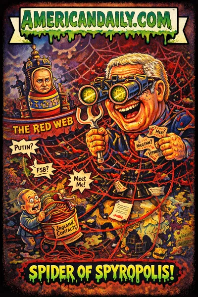 Cartoon trading card showing a grotesque Epstein tangled in crimson web strings linking him to a caricatured Putin nesting doll and Russian figures, with buzzing emails and a slime-dripping title.