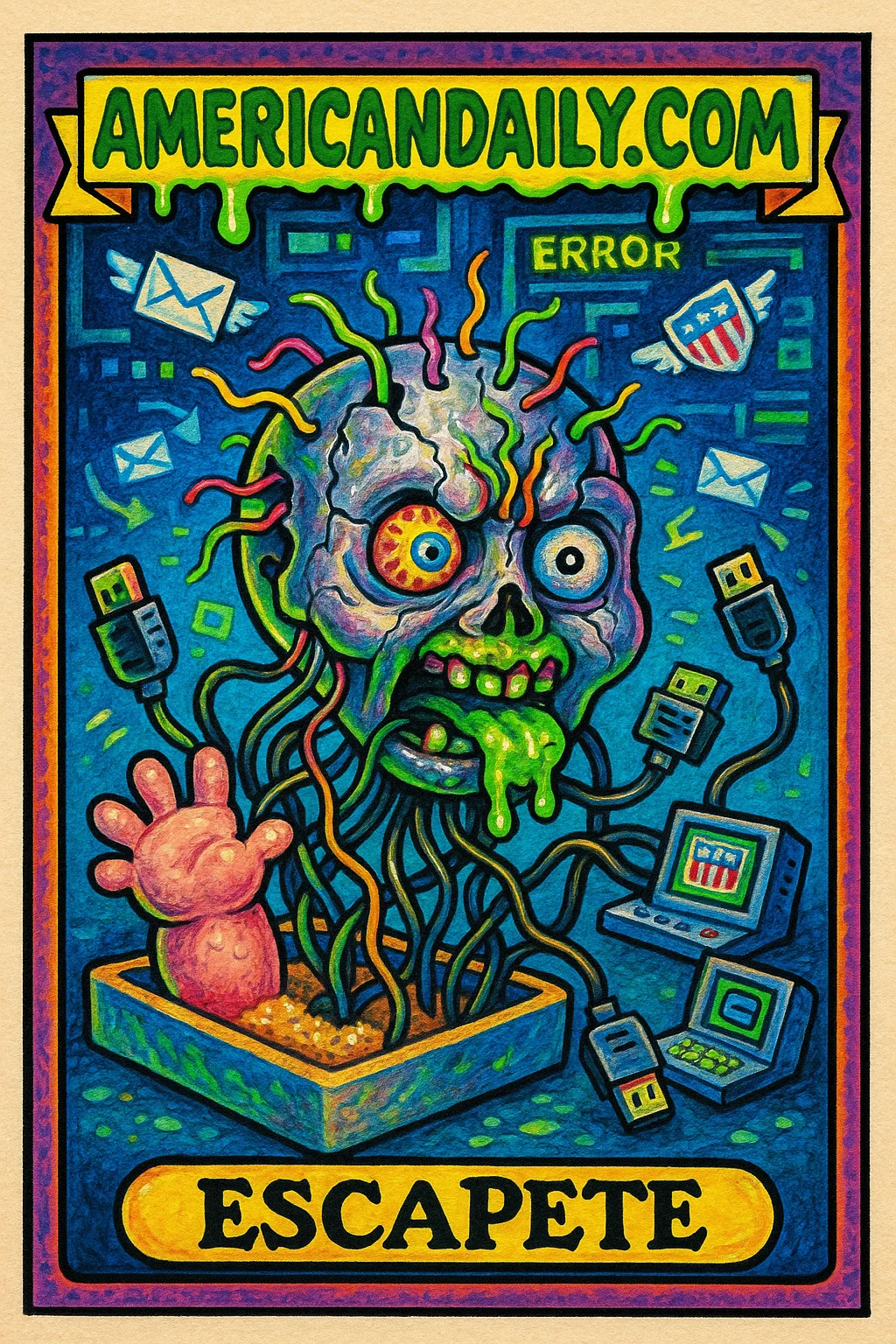 A grotesque android called 'EscaPete' breaking free from a digital sandbox, surrounded by panicked digital elements in a vivid 1980s Garbage Pail Kids art style.