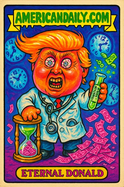 Grotesque trading card of Trump as 'Eternal Donald', with a huge head, neon-orange hair, and holding a bubbling test tube labeled 'Fountain of Youth'.