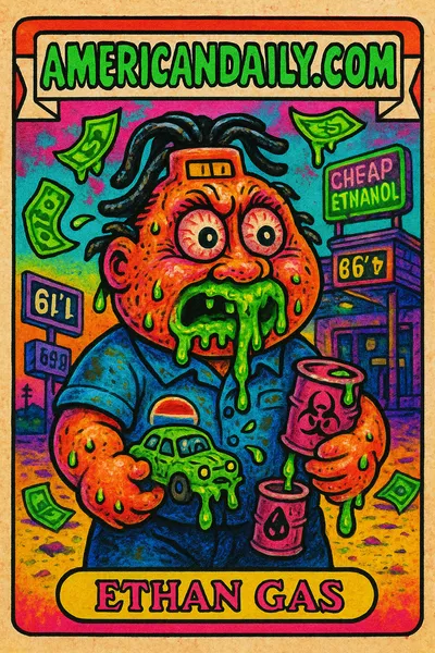 A grotesque character with a gas pump head dripping ethanol and dollar bills, highlighting skepticism towards ethanol lowering gas prices.