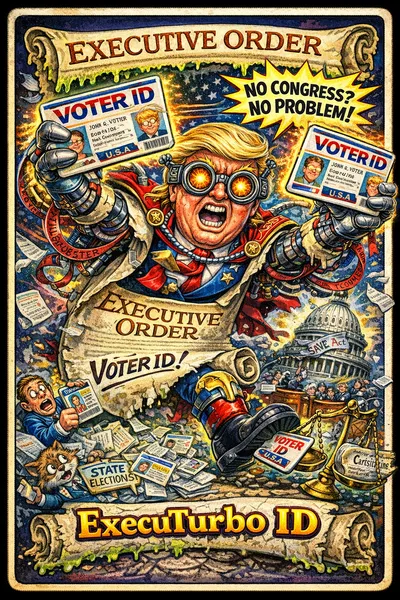 Exaggerated puppet-like presidential superhero launching giant voter ID cards at confused voters, with tiny lawmakers hiding and a cracked Capitol in the background, satirical cartoon style.