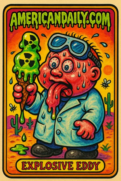 A satire card featuring 'Explosive Eddy' in a desert with melting nuclear-themed ice cream cone, sweating cacti, and exaggerated features.