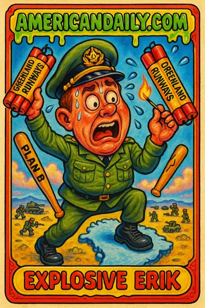 A goofy caricature of a Danish general panickedly lighting oversized TNT sticks, showing grotesque features and a chaotic background scene.