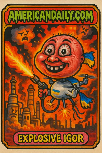 A grotesque Ukrainian drone with an oversized head gleefully torches a Moscow refinery on fire, in a cartoonish, chaotic scene.