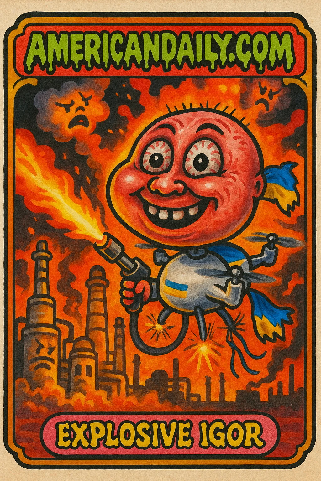 A grotesque Ukrainian drone with an oversized head gleefully torches a Moscow refinery on fire, in a cartoonish, chaotic scene.
