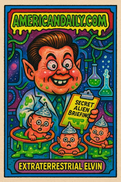 A grotesque cartoon of Matt Gaetz in an alien lab, with a giant head and a clipboard, surrounded by wacky alien babies in test tubes.