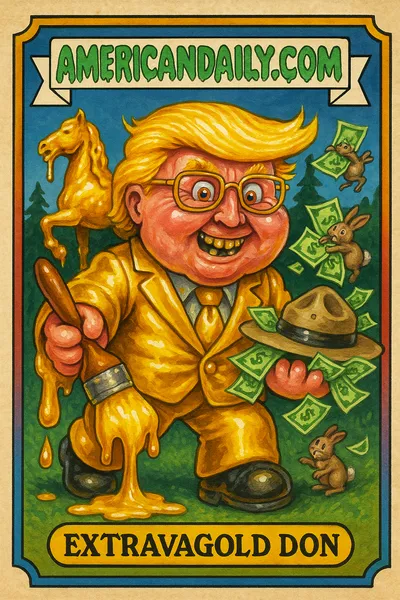 Satirical trading card with a Trump-like character, comically grotesque, painting a bronze horse statue gold using funds stolen from a park ranger hat.