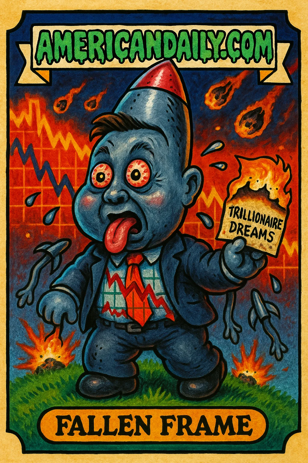 Grotesque parody of Elon Musk with a massive rocket-shaped head, bulging eyes, burned suit, and limp rockets, symbolizing fall from trillionaire status.