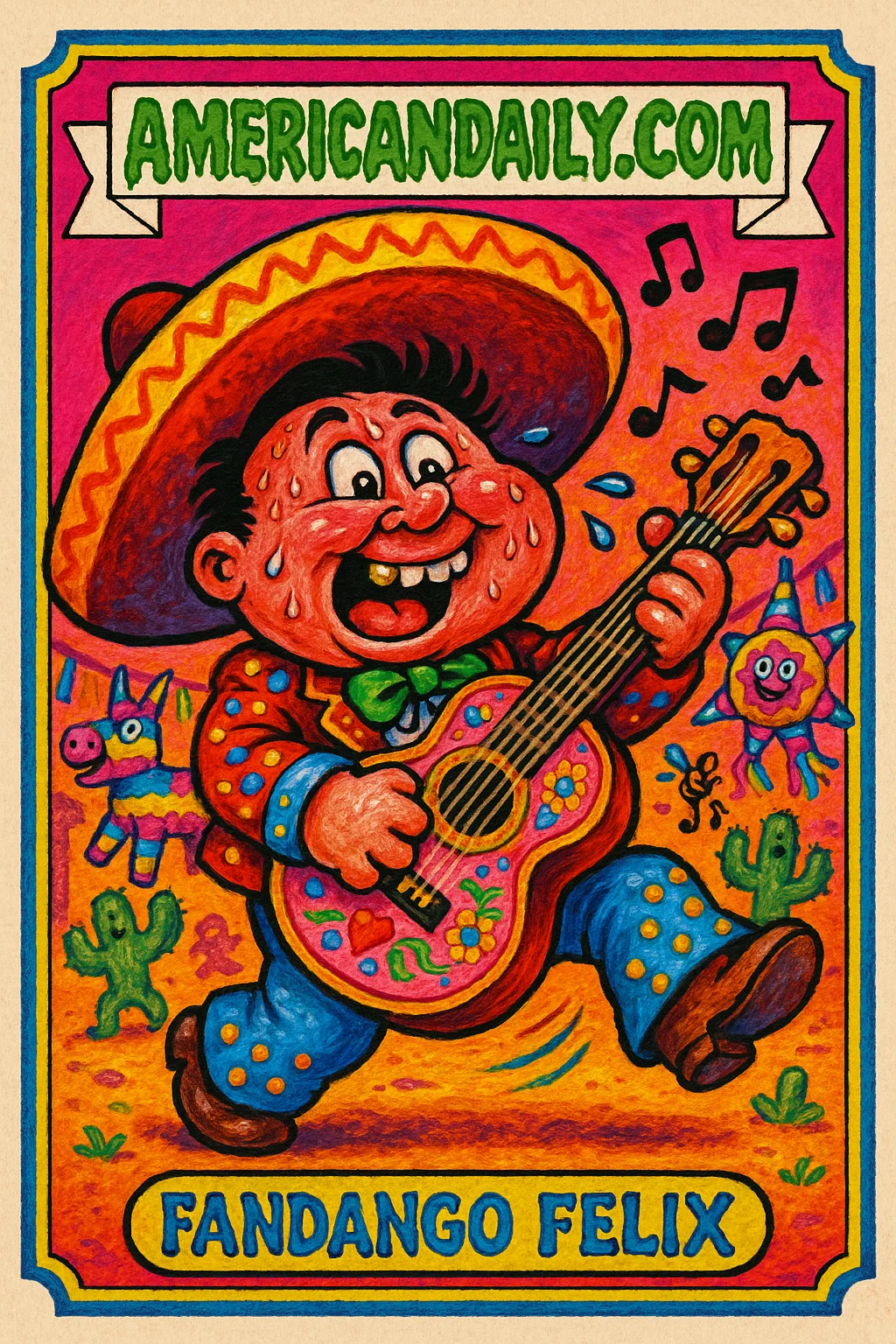 A grotesquely caricatured mariachi named Fandango Felix plays a gigantic guitar under an enormous sombrero, sweating comically at a vibrant festival.