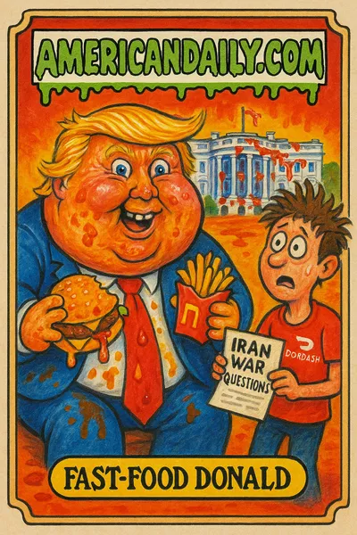 A Garbage Pail Kids-style illustration of a cartoonishly bloated Donald Trump with McDonald's, next to a confused delivery person holding Iran war questions.